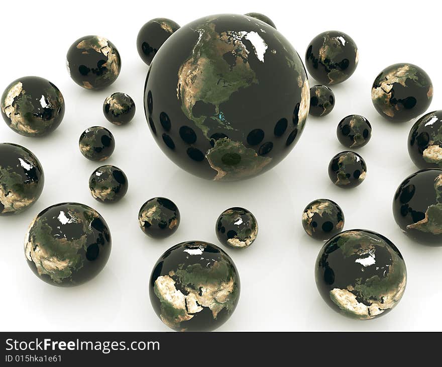 Shiny earth globes placed randomly on white background. Shiny earth globes placed randomly on white background.