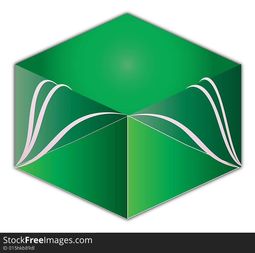 A green cube with design in a black background