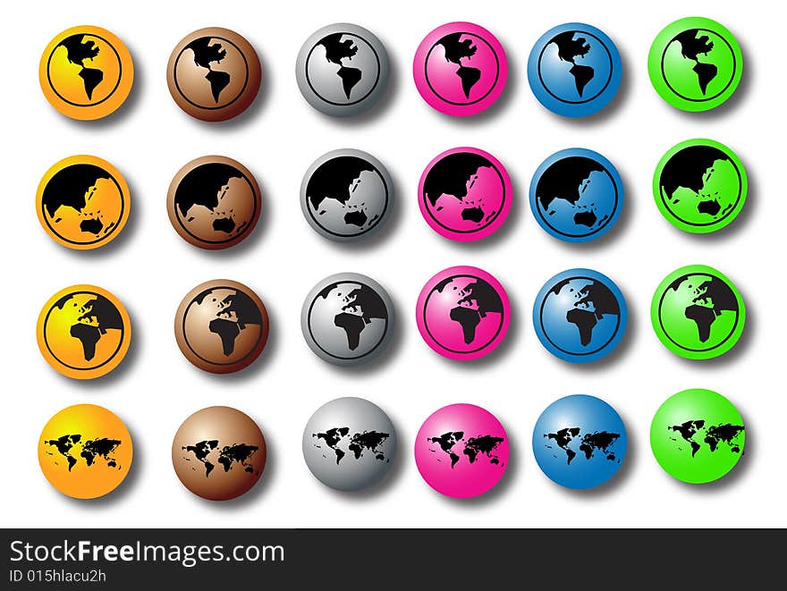 World buttons in varying colors.