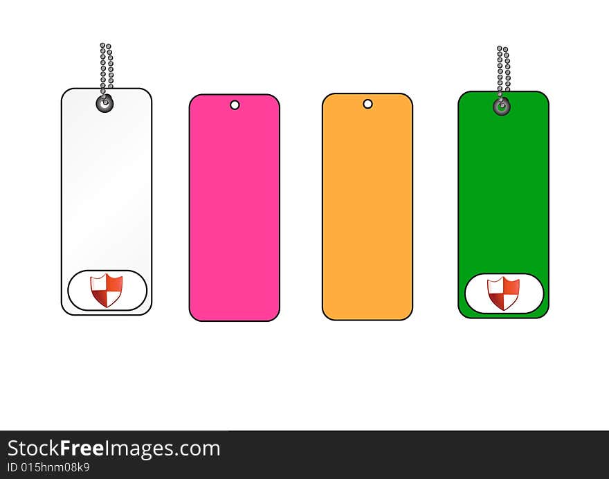 Four tags in varying colors in a white background