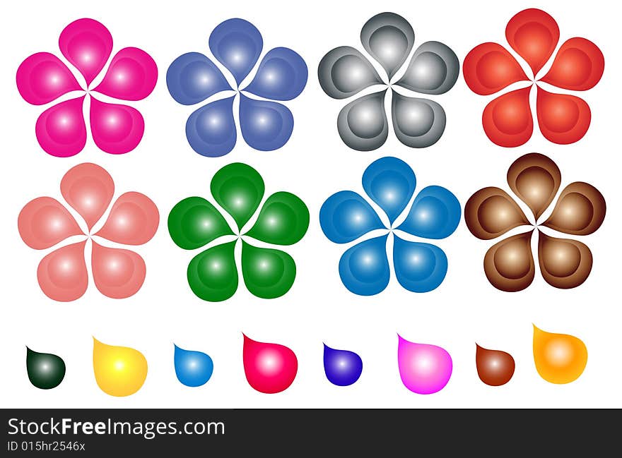 Eight flowers in varying colors in a white background