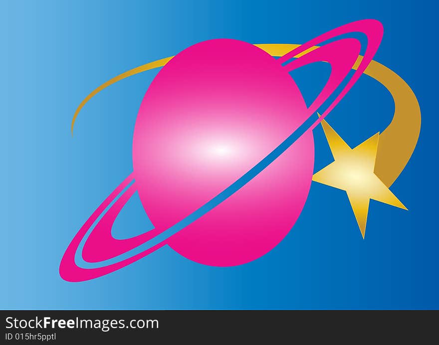 A pink planet with a shooting star in a blue background