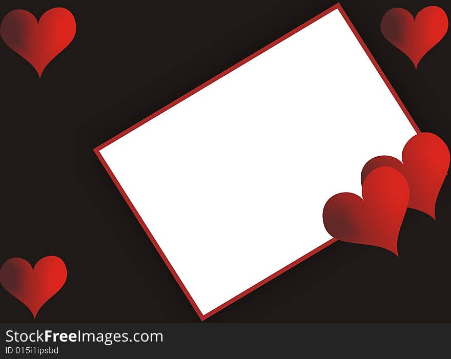 Valentines day greetign card - red hearts, paper and black background. Valentines day greetign card - red hearts, paper and black background