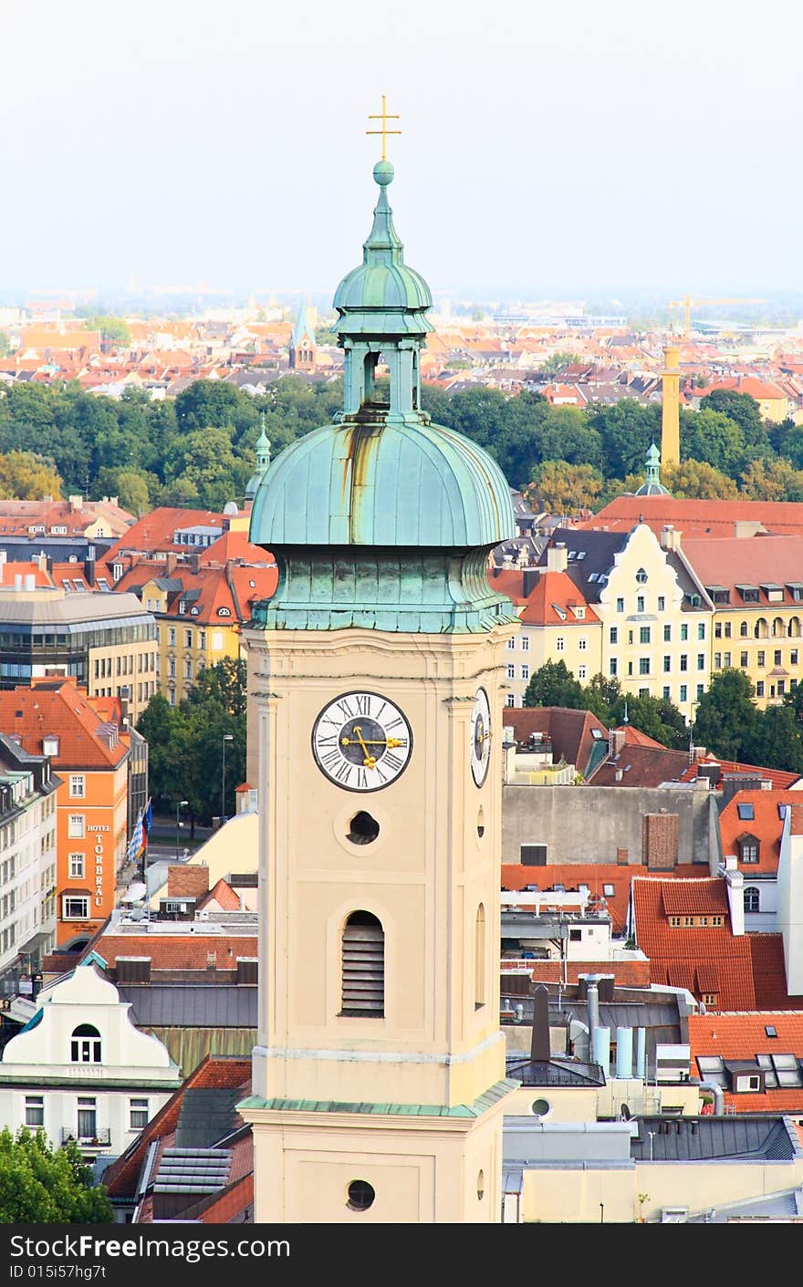 The aerial view of Munich city center from the tower of the Peterskirche