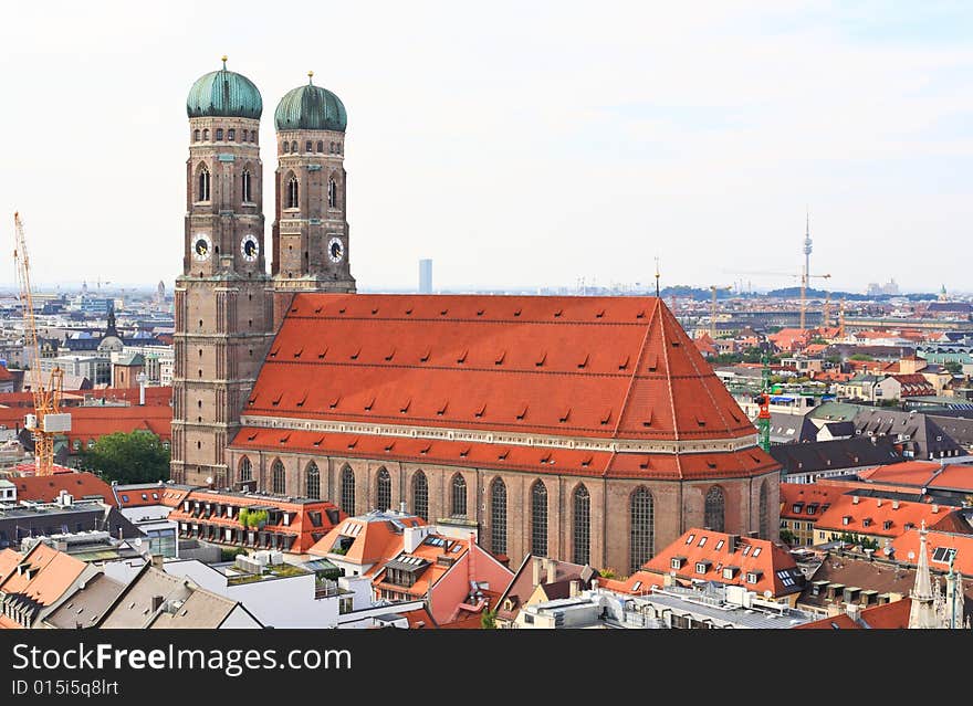 The aerial view of Munich city center from the tower of the Peterskirche