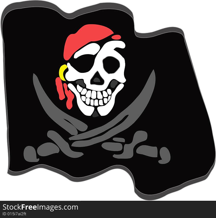 Black pirate flag with two swords and smiling skull.