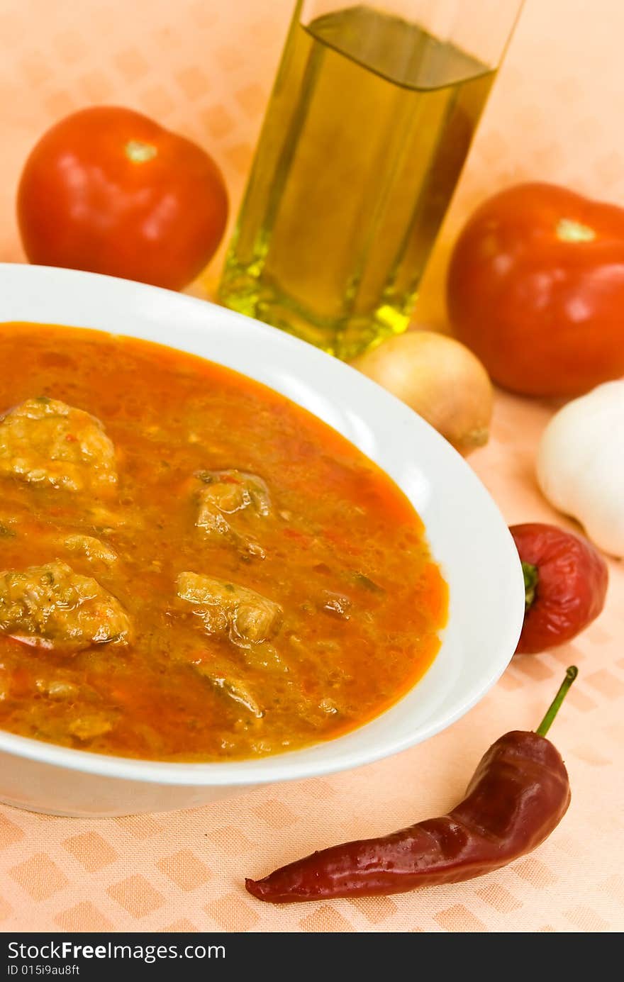 Stew-goulash Soup -with Red Bell Pepper And Cubes