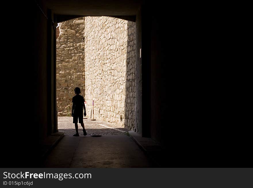 Silhouette passing through a gate at the Budapest royal palace