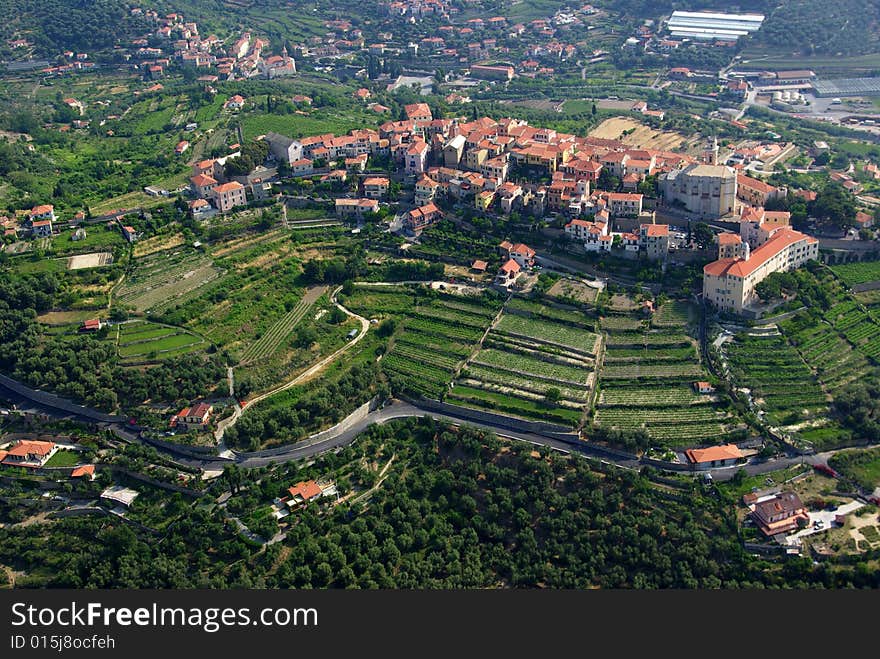 Aerial view of Diano Castello, medioeval and touristic village near Imperia in Liguria, Italy.