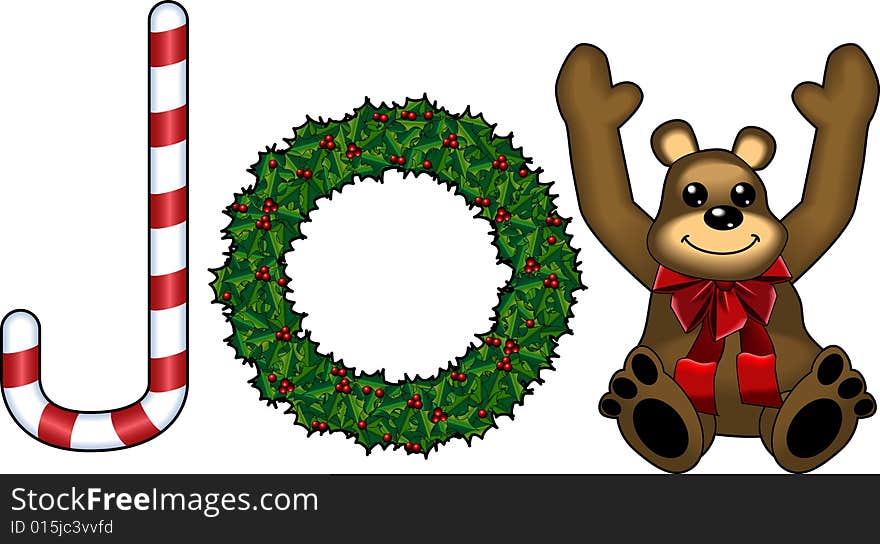 Cartoon graphic depicting Christmas holiday objects spelling word: JOY. Cartoon graphic depicting Christmas holiday objects spelling word: JOY