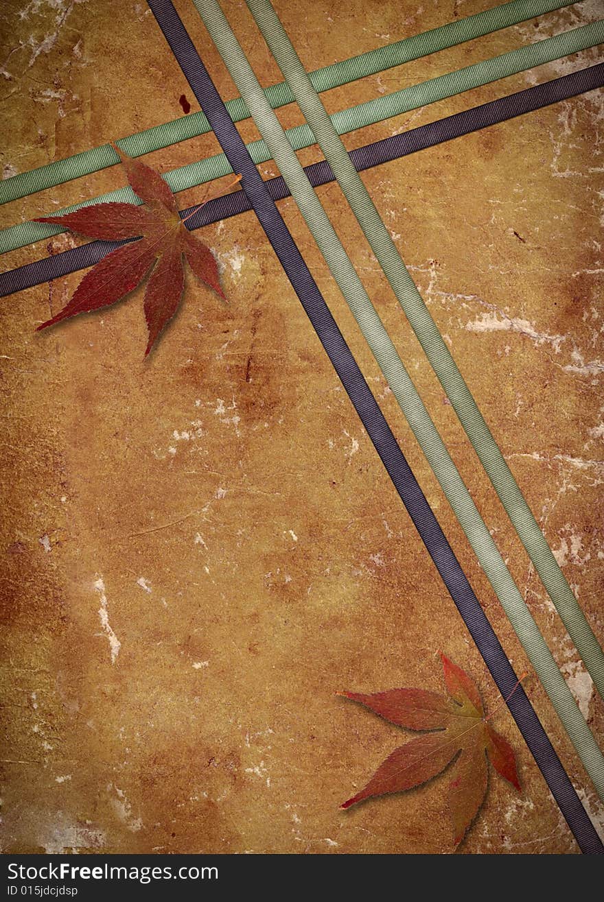 The background image - an old paper, tapes and autumn leaves.