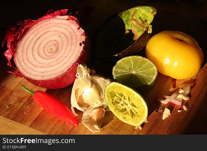 Red Onion, Hot pepper, Garlic & Avocado Shell Still Life