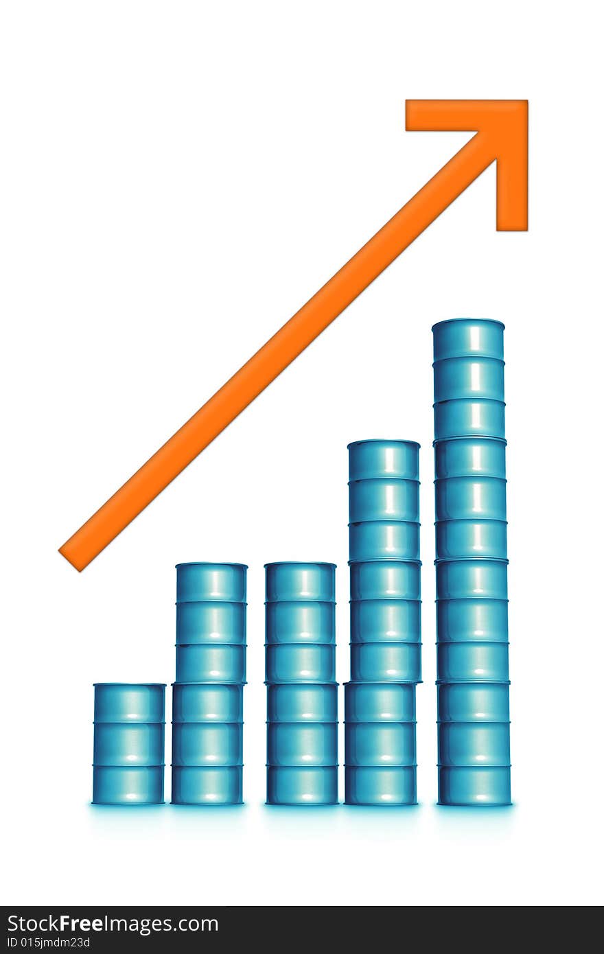 Orange arrow above oil barrels bar graph. Orange arrow above oil barrels bar graph