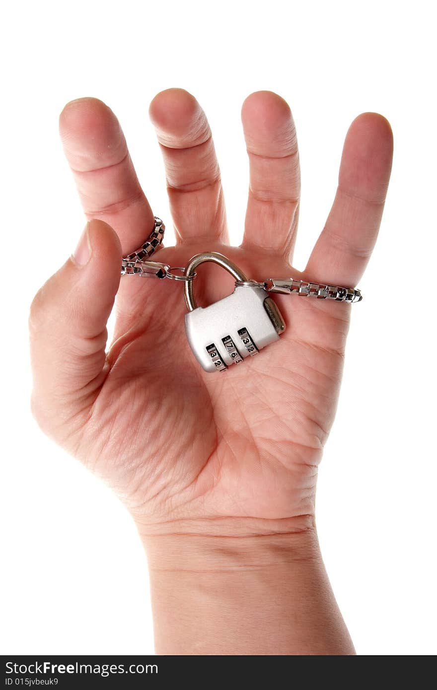 Code lock in hand on a white background