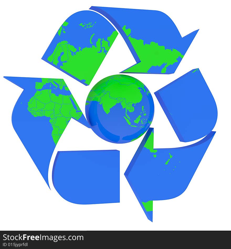 Conceptual recycling symbol made from earth globe and a small recycle symbol. Conceptual recycling symbol made from earth globe and a small recycle symbol.