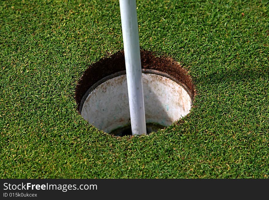 Close up of a golf hole on a perfect green.