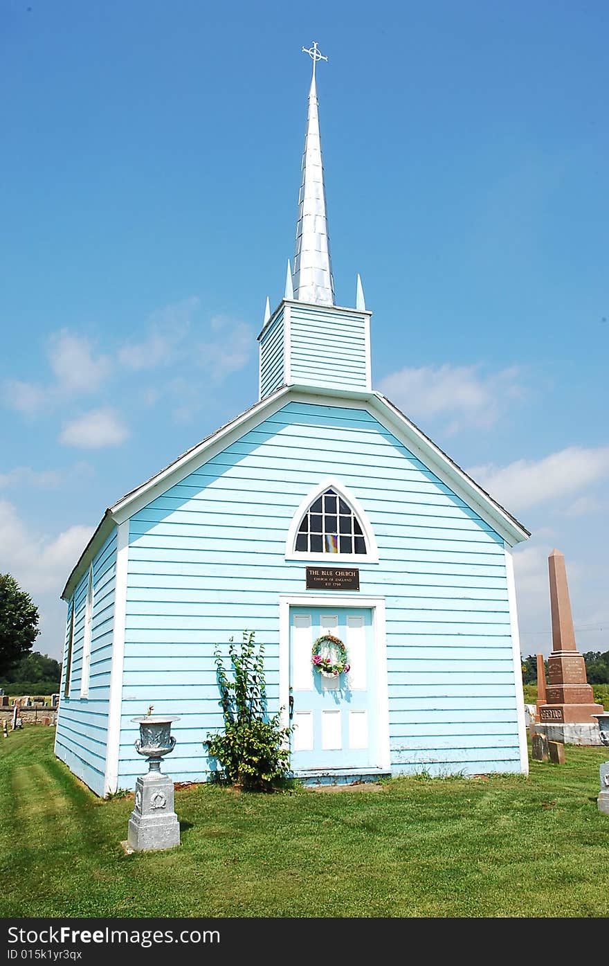 An blue wooden church.