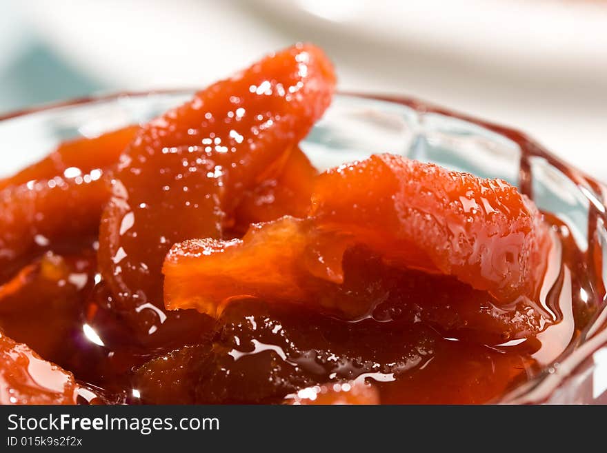 Food sereis: candied quince jam in glass. Food sereis: candied quince jam in glass