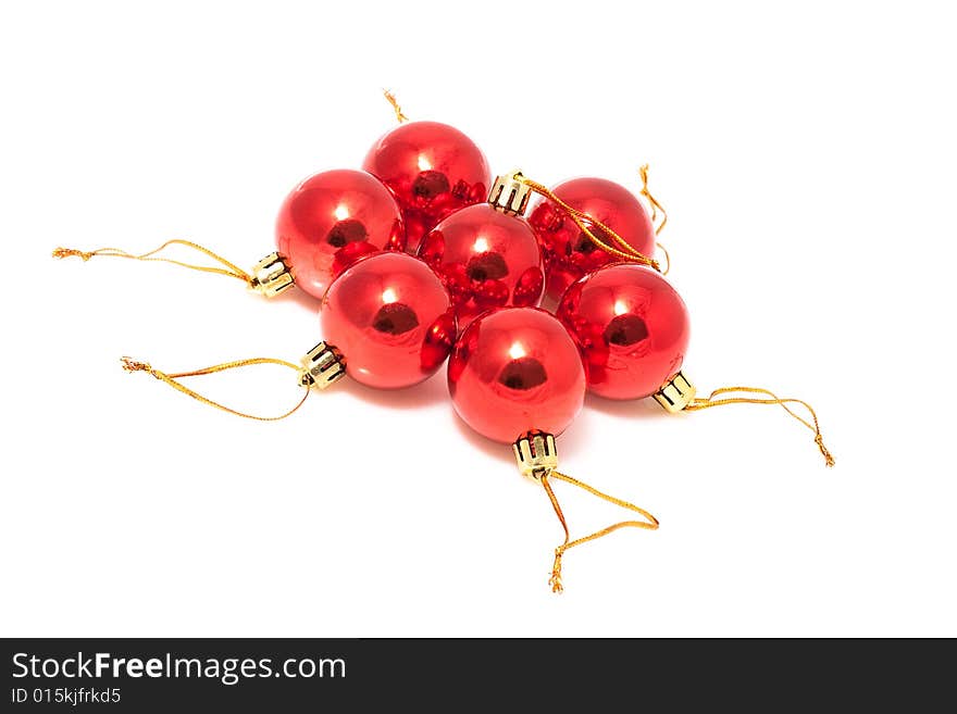 Isolated red seven christmas balls on white background