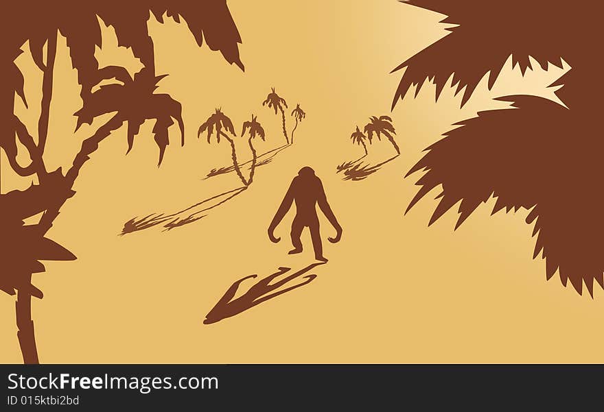 Gorilla amongst palms on yellow background