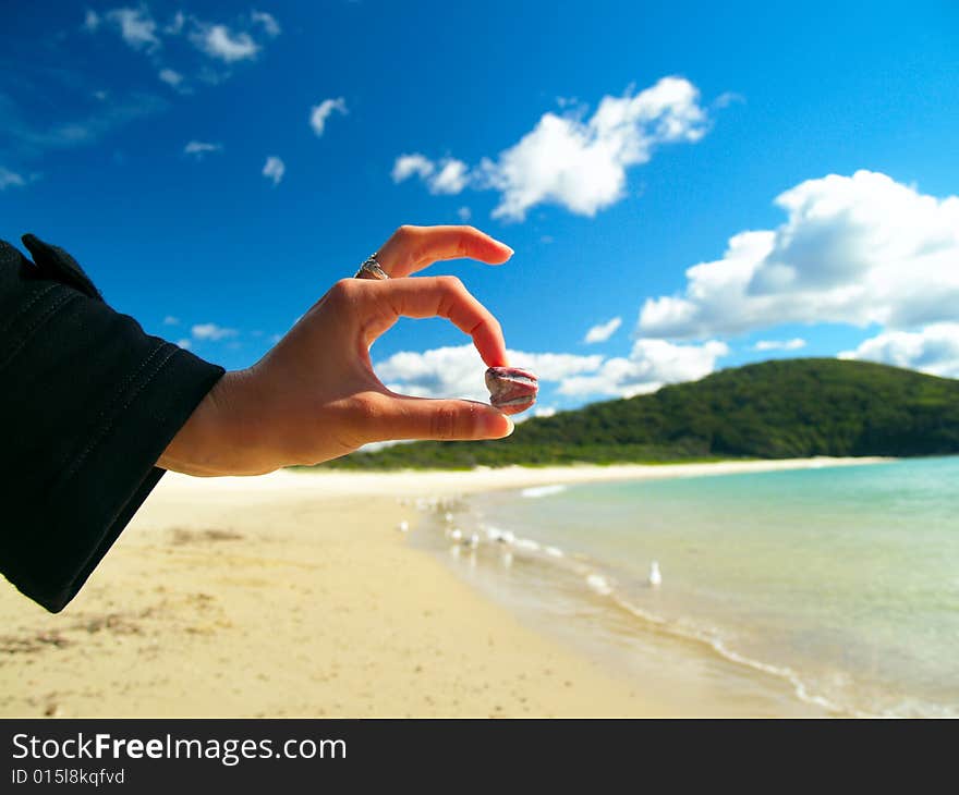 A girl holding a small pink shell on a tropical beach. A girl holding a small pink shell on a tropical beach