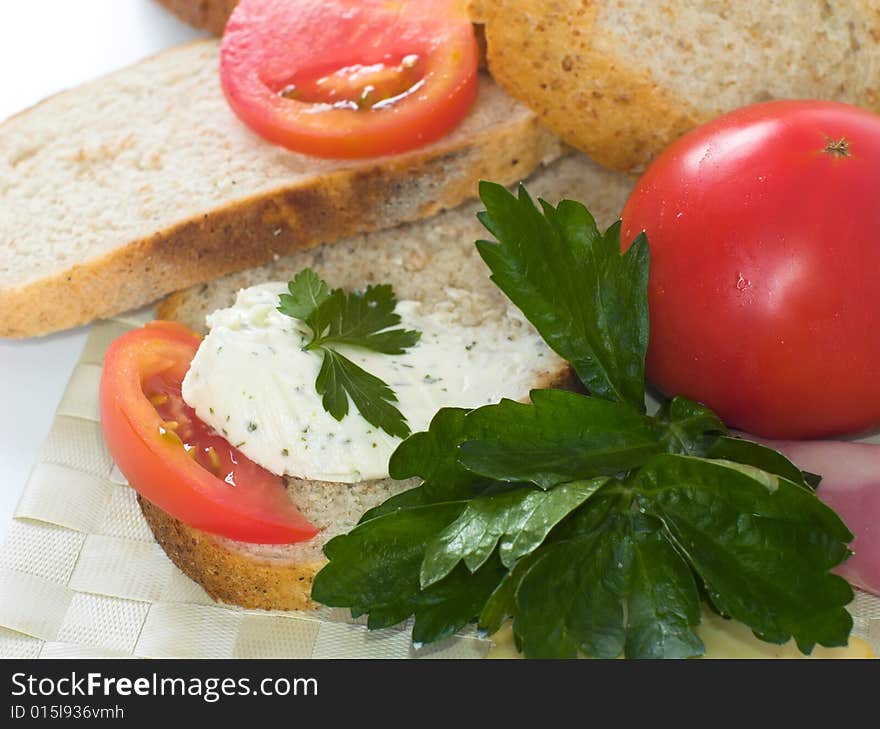 Breakfast,bread,celery,tomato and salami