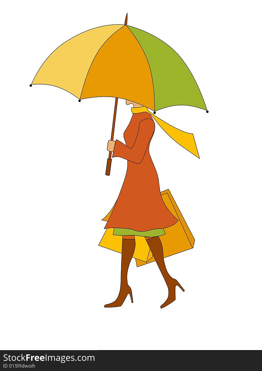 Colorful woman with umbrella and shopping bags