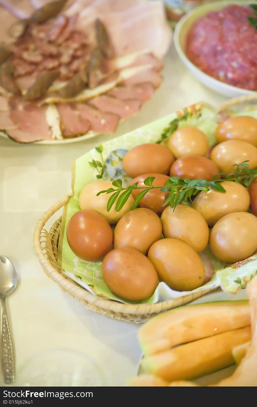 Easter table filled with delicious meals. Easter table filled with delicious meals