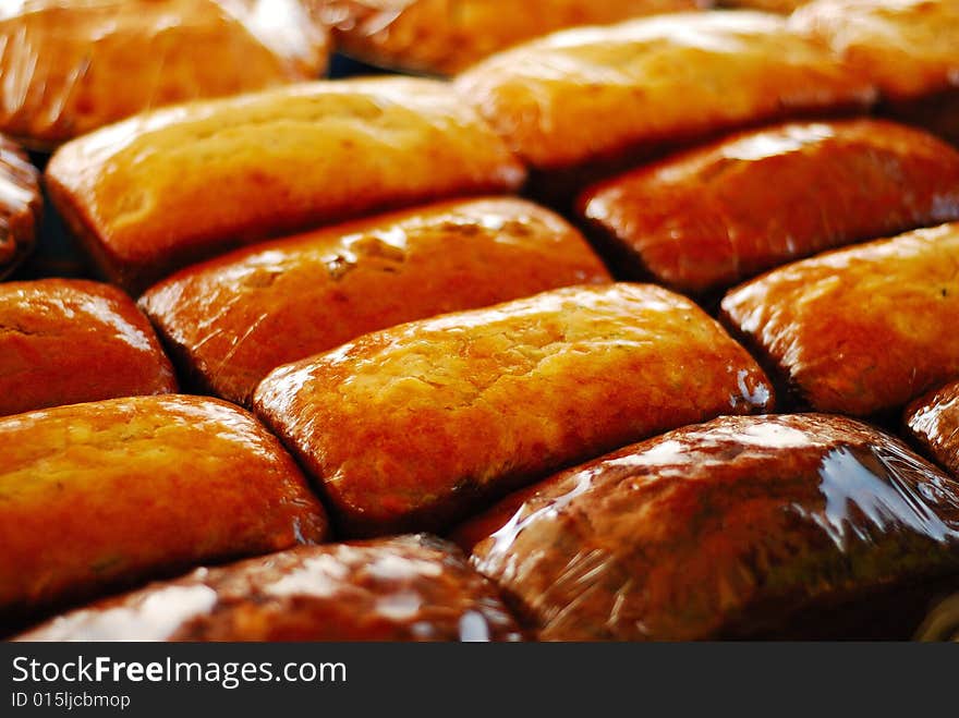 This is a shot of homemade bread. it is cooled, wrapped and ready to be sold