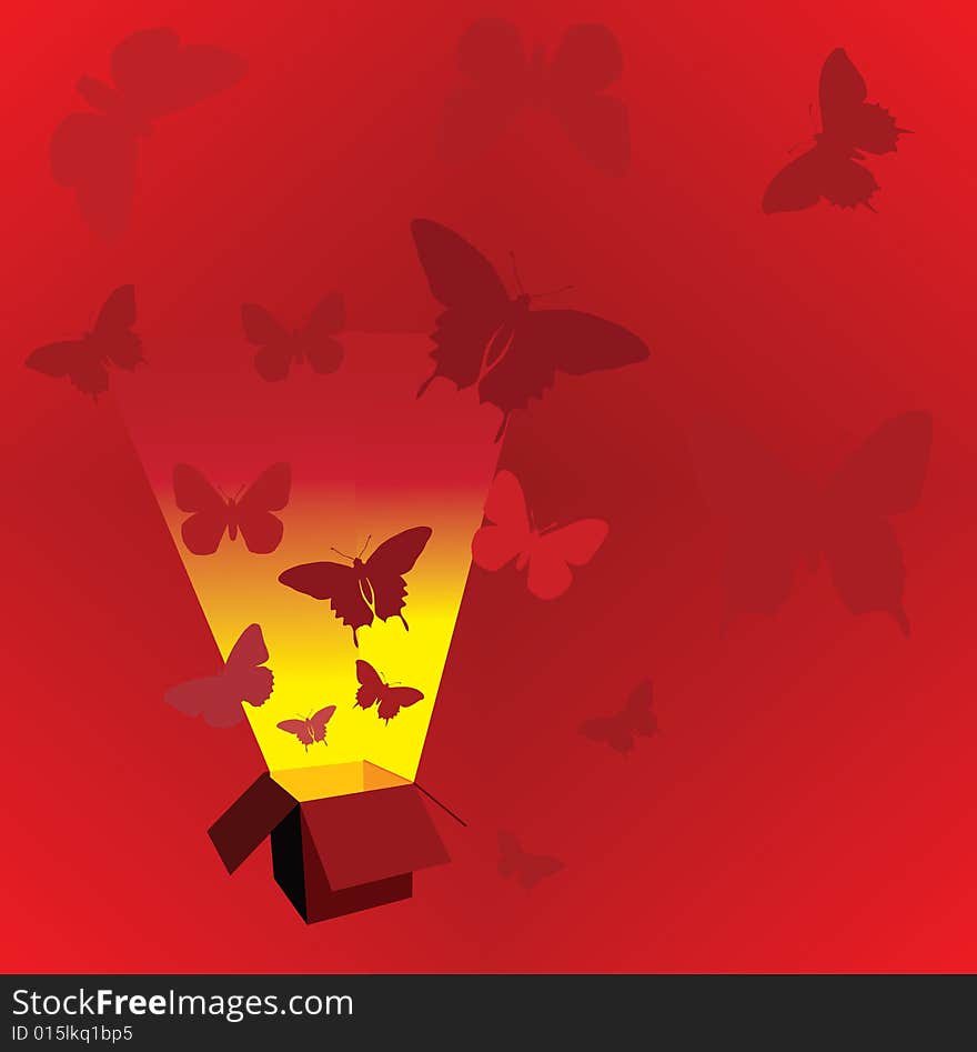 Red illustration with open box and butterflies