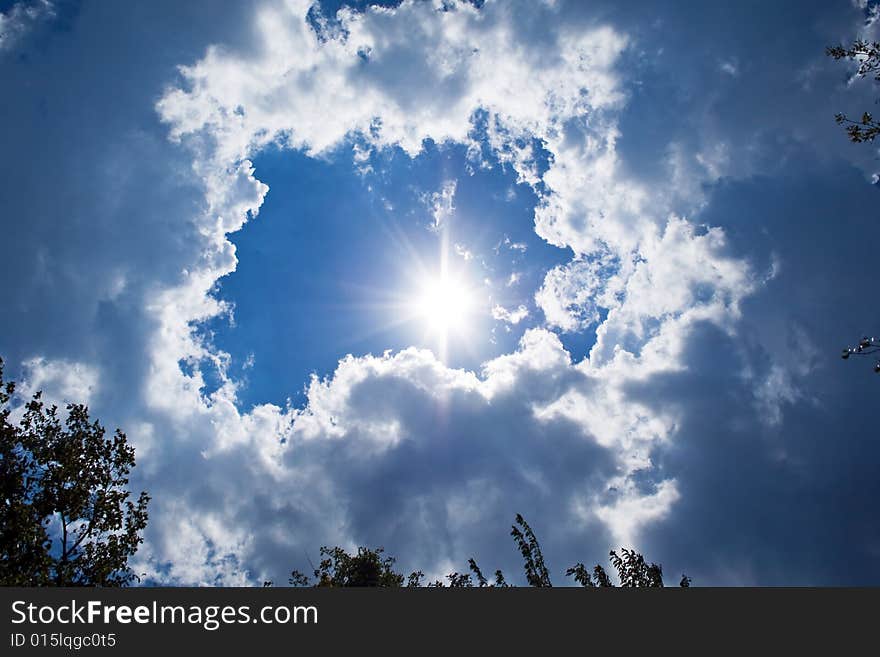 Sky background. sun, clouds and trees background