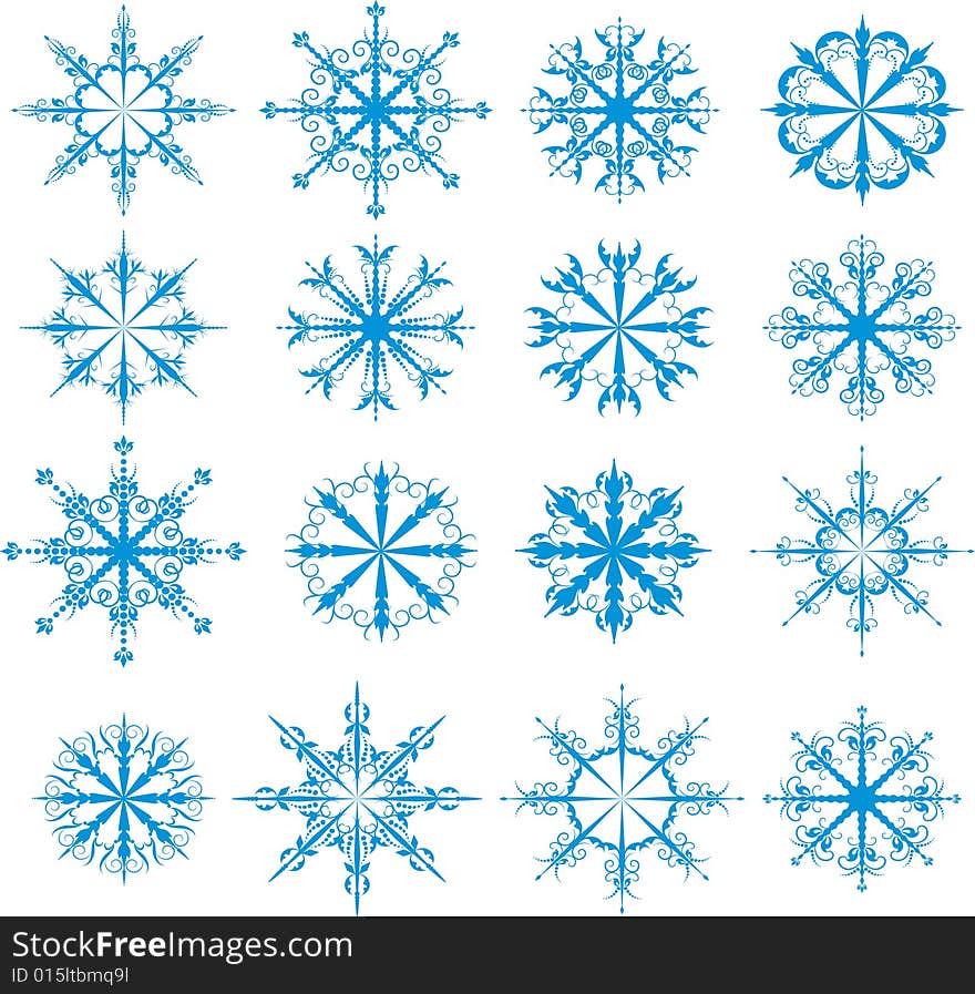 Icon set of 16 different snowflakes. Icon set of 16 different snowflakes