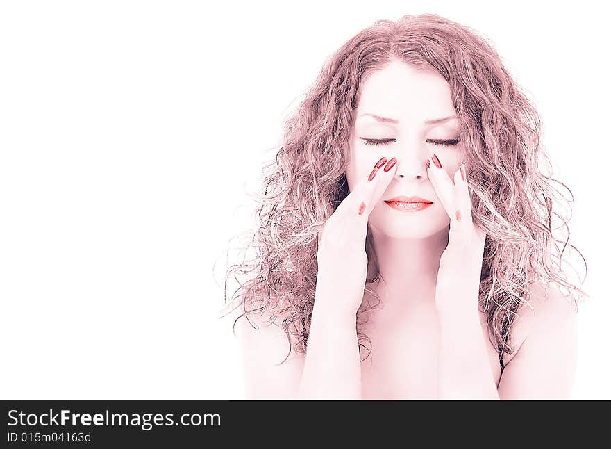 Pretty young woman is massaging herself black and white in high key with toning. Pretty young woman is massaging herself black and white in high key with toning