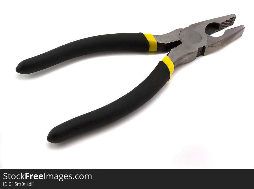 Black combination pliers on white background white background object isolated