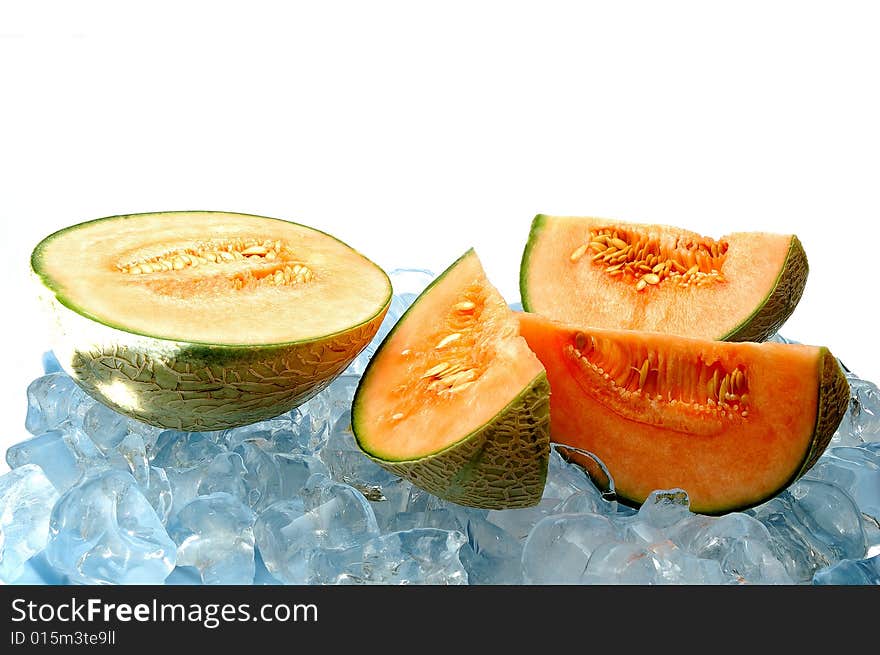 Water melon on ice on white background