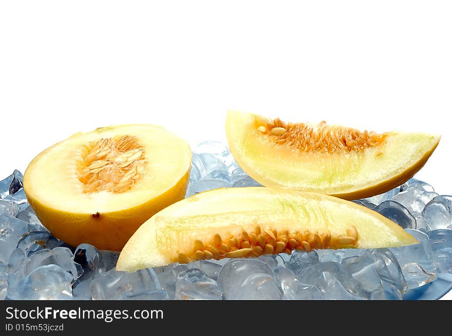 Water melon on ice on white background