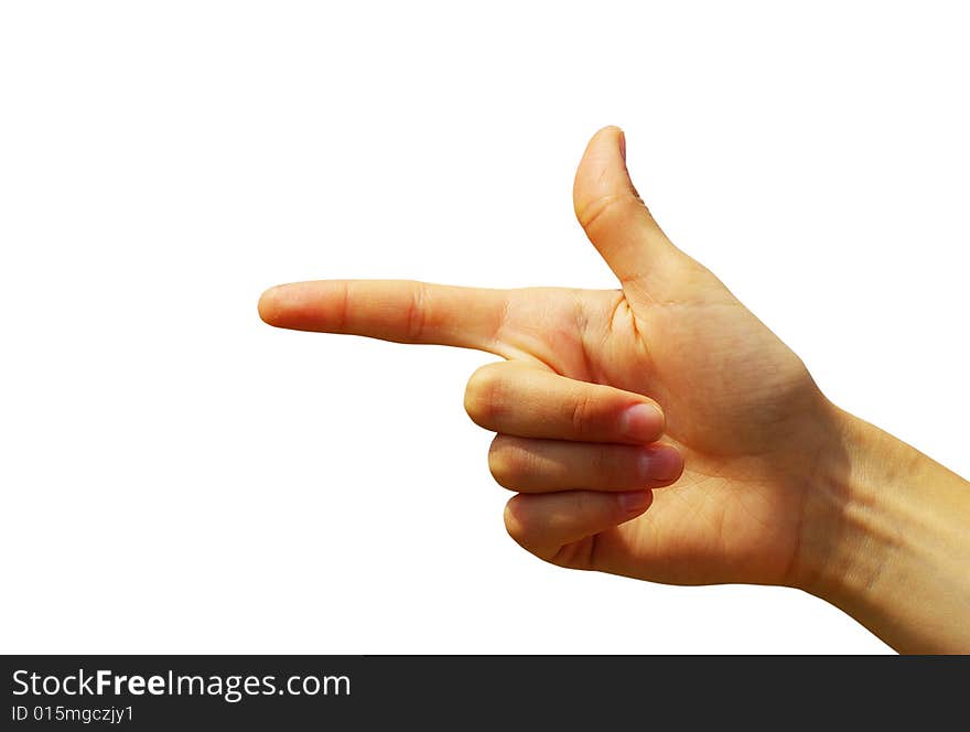 Hand pointing with index finger against a white background