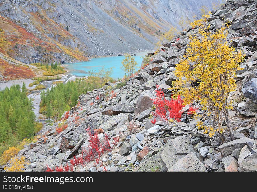 Turquoise Lake – autumnal colors in Altai Mountains, Siberia, Russia