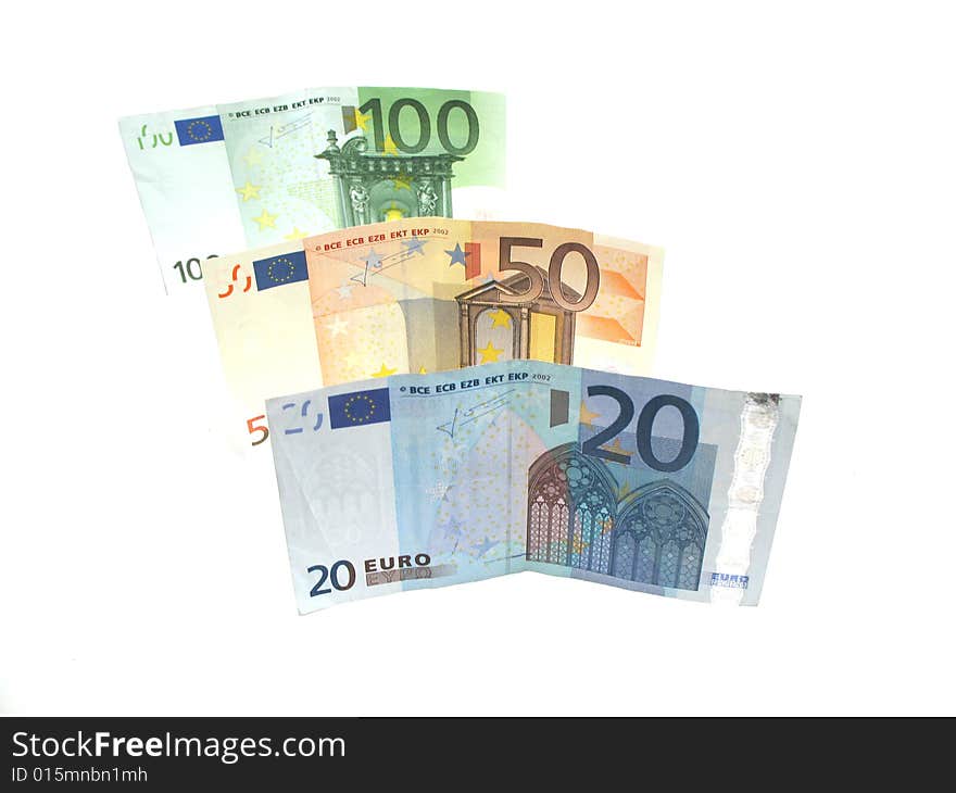 Three euro banknotes in a row. Three euro banknotes in a row