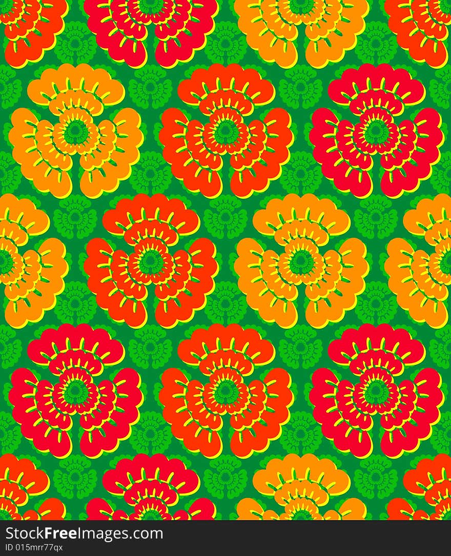 Vivid, colorful, repeating flower background on green. Vivid, colorful, repeating flower background on green