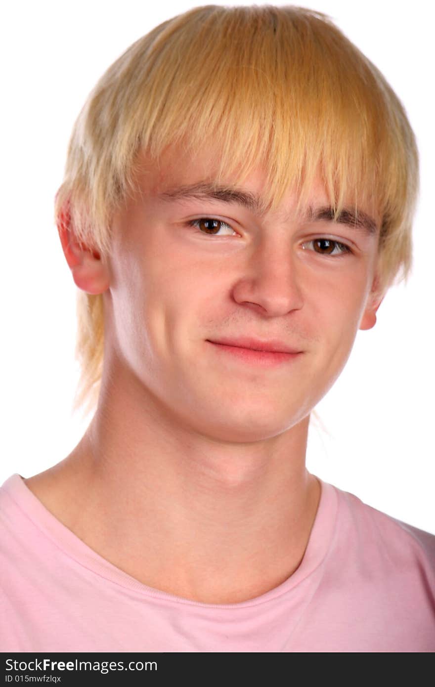 Young man in pink shirt. Isolated