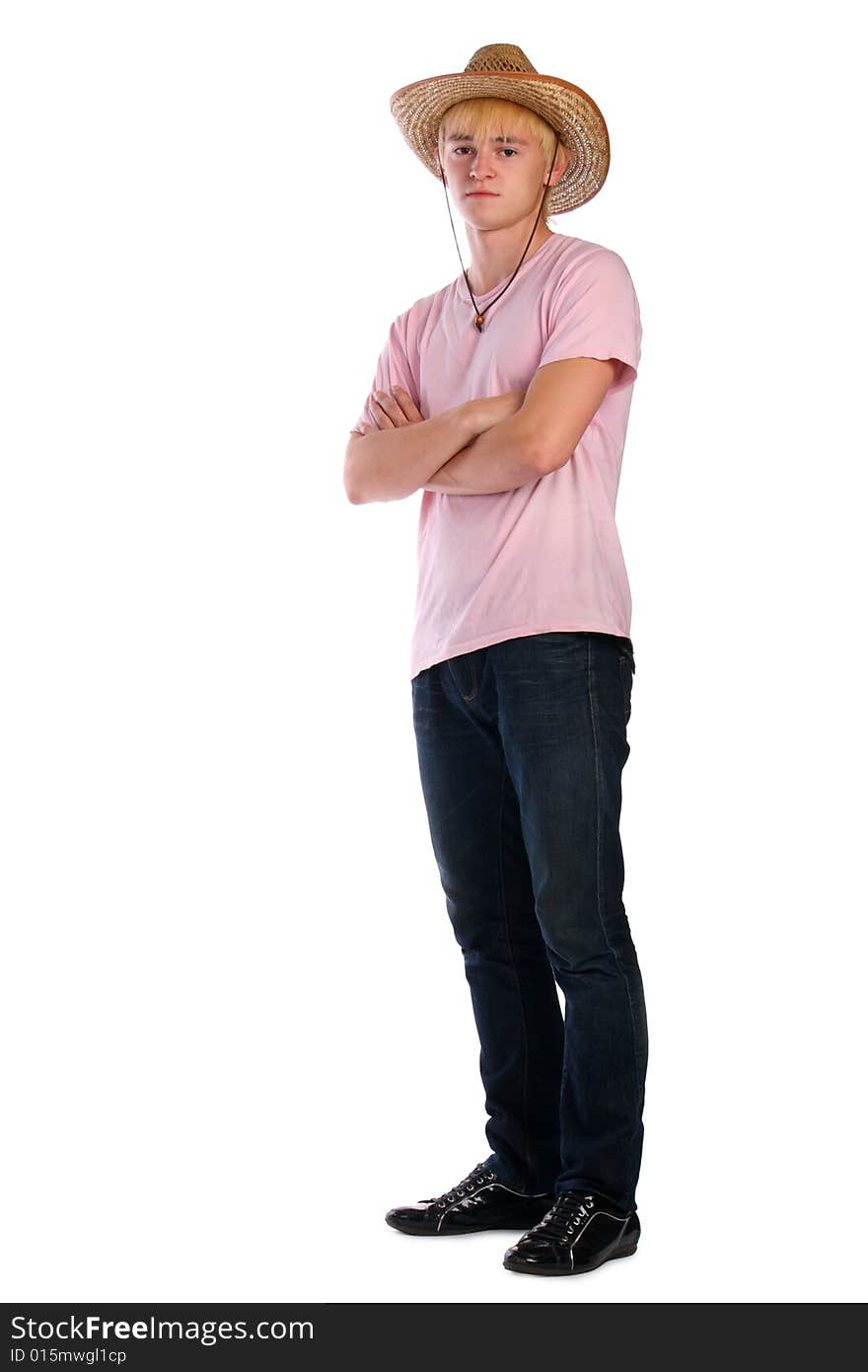 Young man in pink shirt and cowboy hat. Isolated.