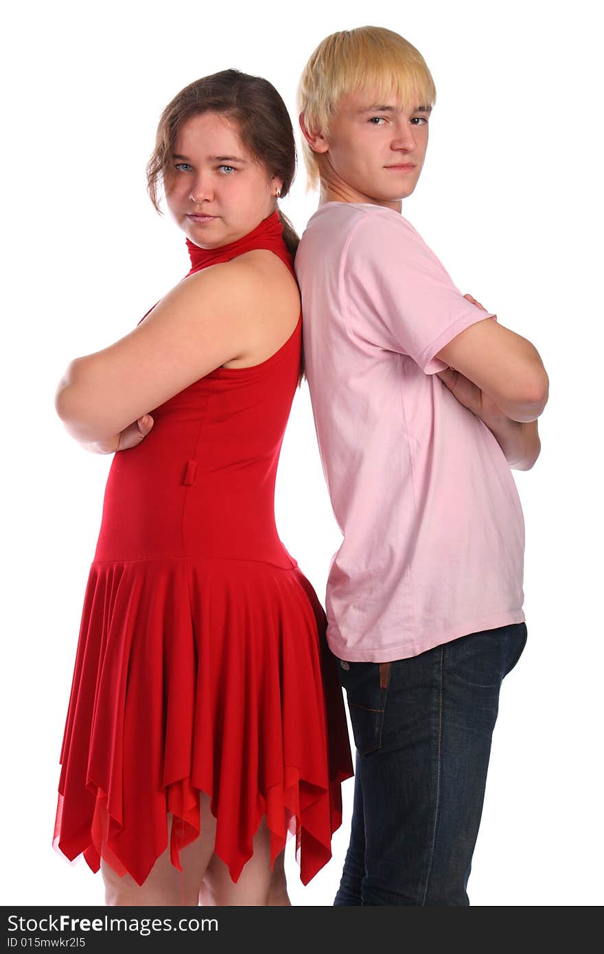 Young man and woman stands back-to-back isolated