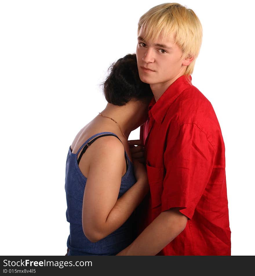 Young man embrace girl. Isolated