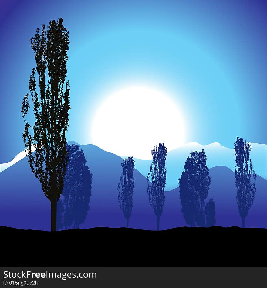 Tree silhouette, landscape, illustration