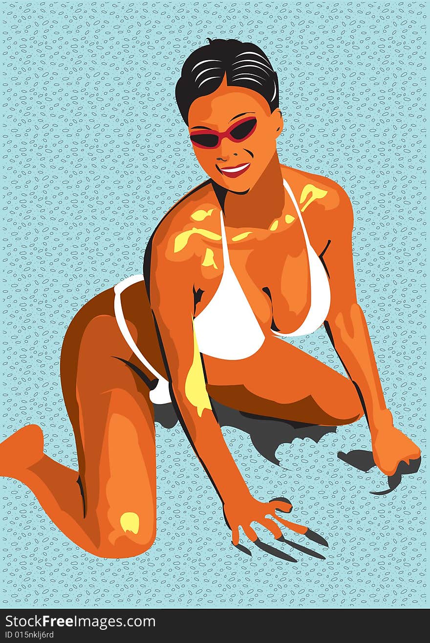 Vector illustration of a young girl in bikini on the beach. Vector illustration of a young girl in bikini on the beach