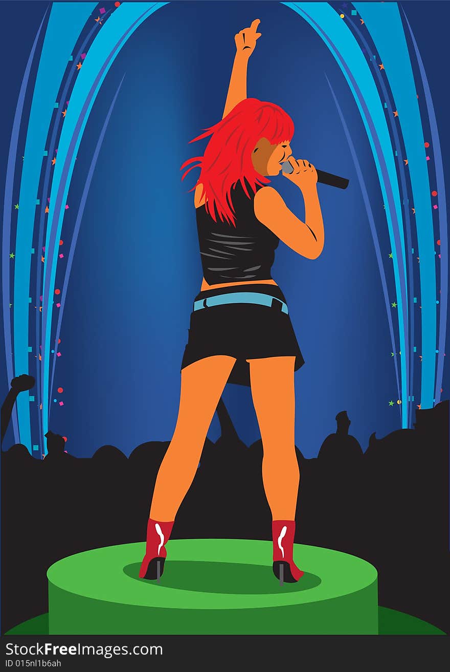 Vector Illustration of a young girl holding a microphone and singing on her concert