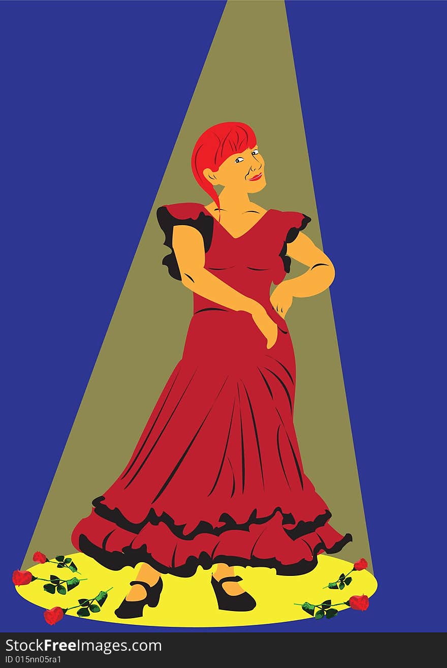 Vector illustration of female dancer dressed in red on blue background