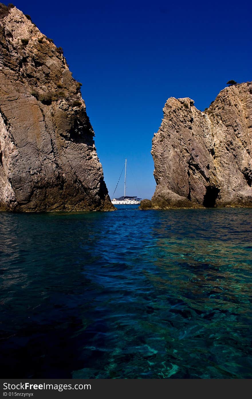 Boat between rocks