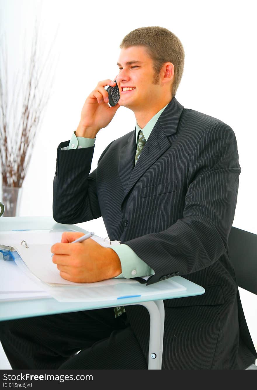 Close up of happy businessman talking on the phone. concept for success and business. Close up of happy businessman talking on the phone. concept for success and business